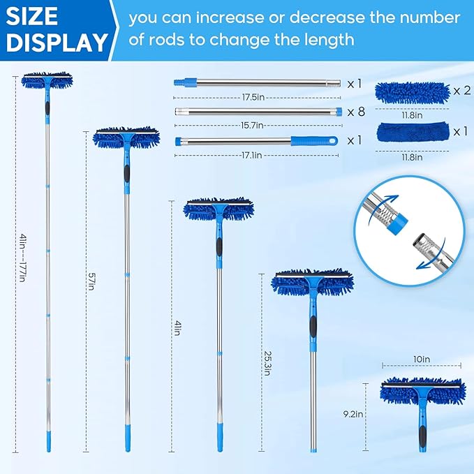 Window Squeegee 2-in-1 Window Cleaner with Removable Extension Poles 177'' Window Washing Kit Glass Door Cleaner Multi-Use Car Windshield Cleaning Tool with 1 Blade 3 Scrubber for High Outdoor Window