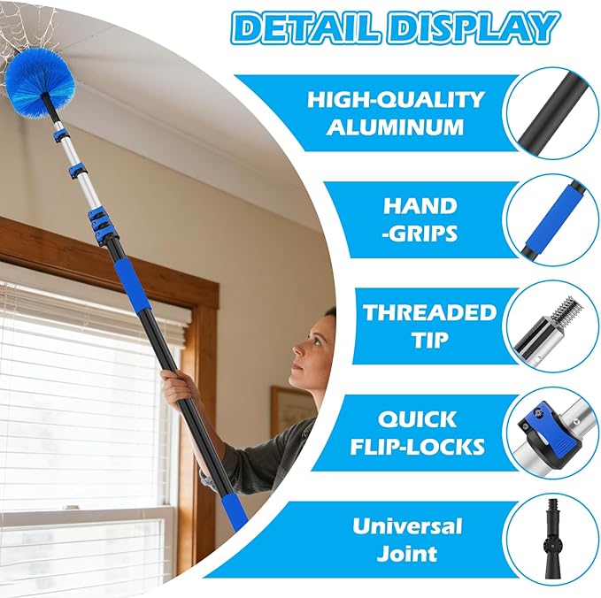 25FT Reach High Ceiling Duster Kits with 5-20FT Adjustable Pole - Includes Extra Long Duster High Ceiling Duster Rotatable Window Squeegee &amp Cobweb Duster for Ceiling Fans and Whole House Cleani