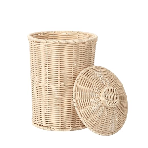 GRANNY SAYS Wicker Small Bathroom Trash Can with Lid 2 Gallon Cute Decorative Waste Basket for Bedroom and Dorm Office Garbage Cans for Under Desk Mini Round Trash Bin for Decor Off White