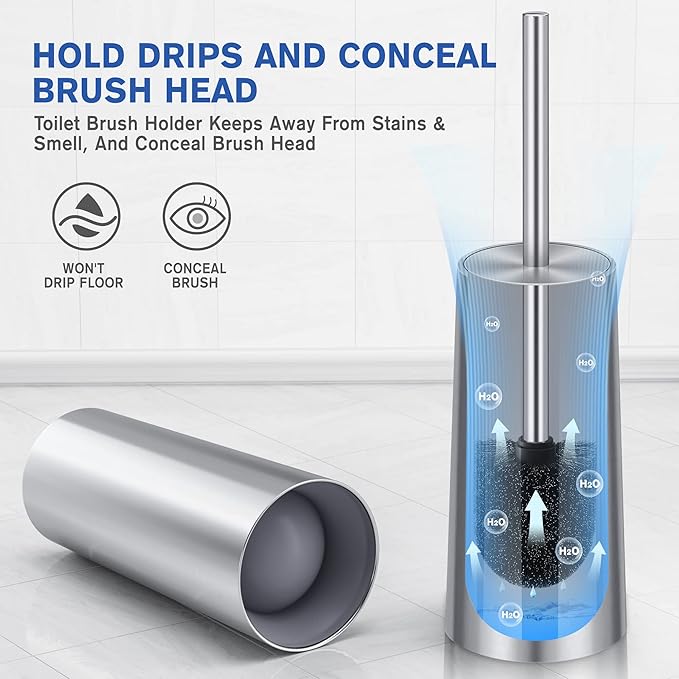 Toilet Brush and Holder 2 Pack Toilet Brush Stainless Steel Toilet Bowl Brush for Bathroom Toilet-Ergonomic ElegantDurable (Silver)