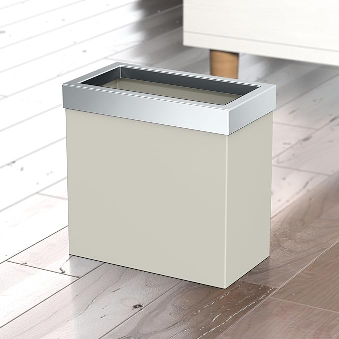 Gatco Modern Rectangle Wastebasket Matte Pearl and Chrome Combo - Stainless Steel Trash Can with Removable Lid Leakproof 3 Gallon Capacity for Bathroom Bedroom Kitchen or Office