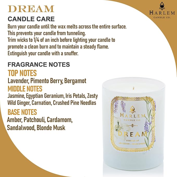HARLEM CANDLE CO. - Dream - Luxury Scented Soy Candle 11 oz - 80-Hour Burn Time | Lavender Pimento Berry Bergamot Jasmine Wild Ginger Sandalwood | Scented Candles for Home