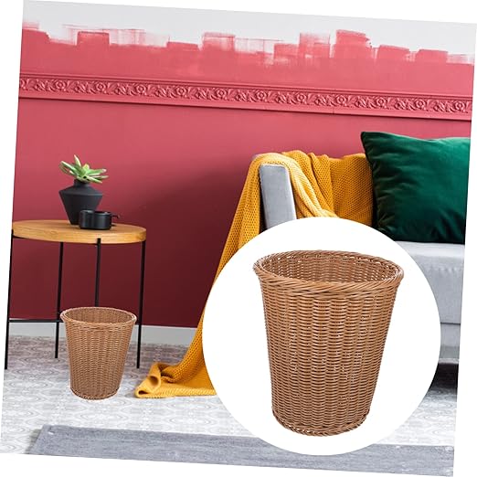 Luxshiny Imitated Rattan Woven Trash Basket Iron Trash Can Wicker Waste Basket Lid