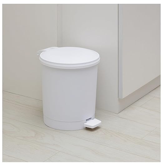 1.5 Gallon Step Trash Can - Round White Bathroom Bin with Liner - Small Wastebasket for Bedroom Office Kitchen - Durable Plastic &amp Foot Pedal Operation