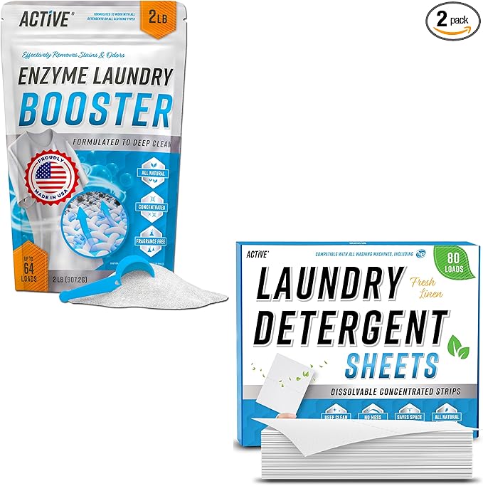 ACTIVE Enzyme Laundry Booster and Fresh Linen Laundry Detergent Sheets - Includes 80 Loads of Detergent Sheets and 64 Loads of Laundry Detergent Boosting Powder