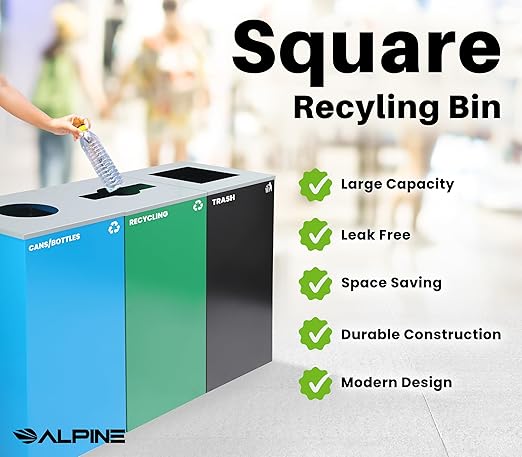 Alpine Indoor Recycling Bin -Commercial Trash Can Recycling Station Combo Customizable 3 Compartment Metal Large Black Blue Green Recycle Trash Cans with Lids &amp Stickers for Office Mall Air