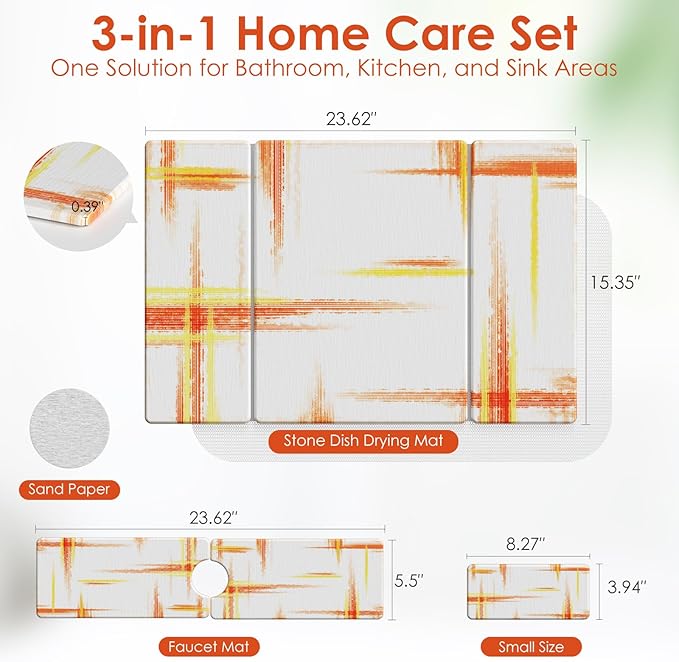 3 PCS Large Stone Dish Drying Mat for Kitchen Counter -24x16 Absorbent Diatomaceous Earth Mat with Stone Faucet Mat &amp Soap Tray - Quick Dry Collapsible Non-Slip Countertop Organizer