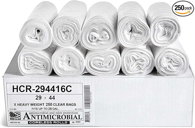 Aluf Plastics High Density Trash Bags 26 Gallon 250 Count 16 Micron (eq) 29 x 44 Clear for Bathroom Office Industrial Commercial Janitorial Municipal Recycling
