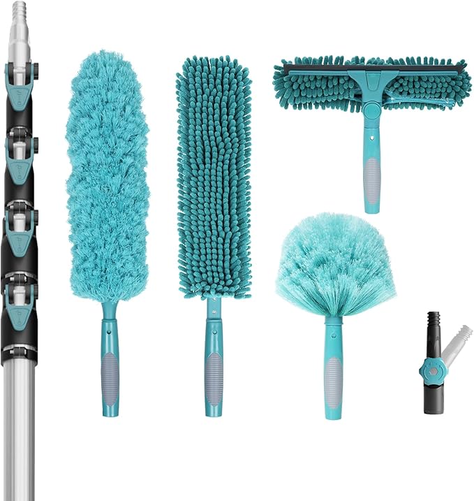 30 Foot High Reach Duster Kit with 6-24FT Extension Pole High Ceiling Dusting and Window Cleaning Kit with Telescopic Pole Window Washer&ampSqueegeeCobweb DusterFan Duster and Feather Duster