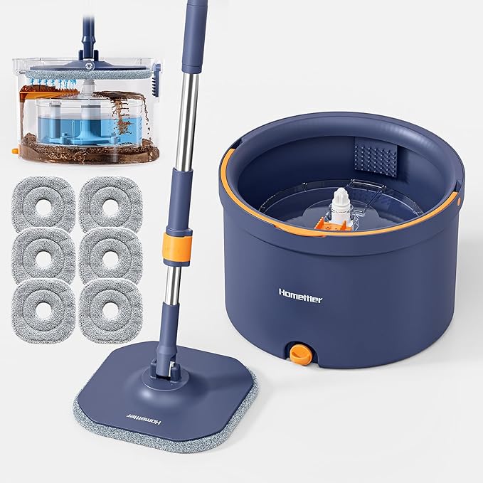 Spin Mop and Bucket Set Mop Bucket with Separate Dirty Water System Deep-Cleaning Mops for Floors/Wall Versatile Mops with 6 Microfiber Mop Pads