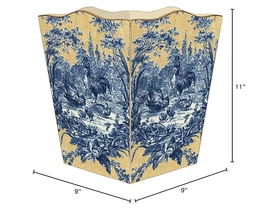 Marye-Kelley Blue and Gold Rooster Toile Wastepaper Basket French Country Wood Scalloped Top Waste Basket for Kitchen Bathroom Bedroom Living Room Handmade Made in The USA