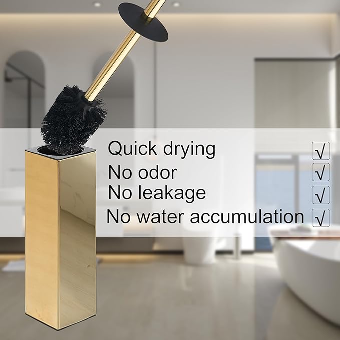 BGL Square Toilet Brush with HolderStainless Steel Rubber Painted Toilet Bowl Brush and Holder for Bathroom2 Cleaner Brush HeadsGold