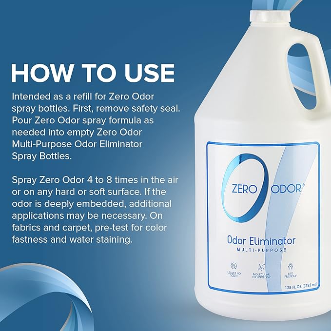 Zero Odor - Multi-Purpose Strong Odor Eliminator for Home Office Car Bathroom Hotel Room Deodorizer and Odor Neutralizer 128oz Refill