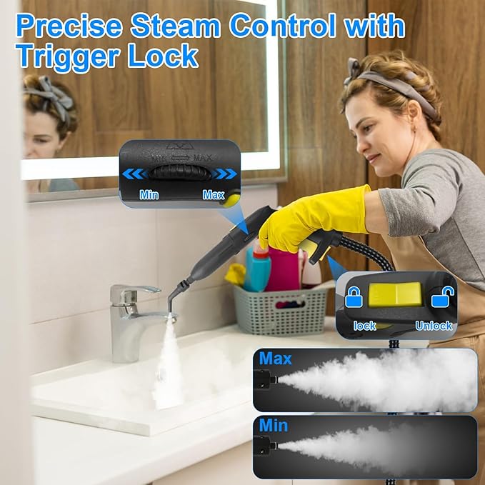 Handheld Steam Cleaner Portable Steamer with 15pcs Accessories Steam Lock 16.8ft Long Power Cord 2L Large Tank Overheat Protection Multi-Purpose Steamer for Home Car Bathroom Grease (Yellow)