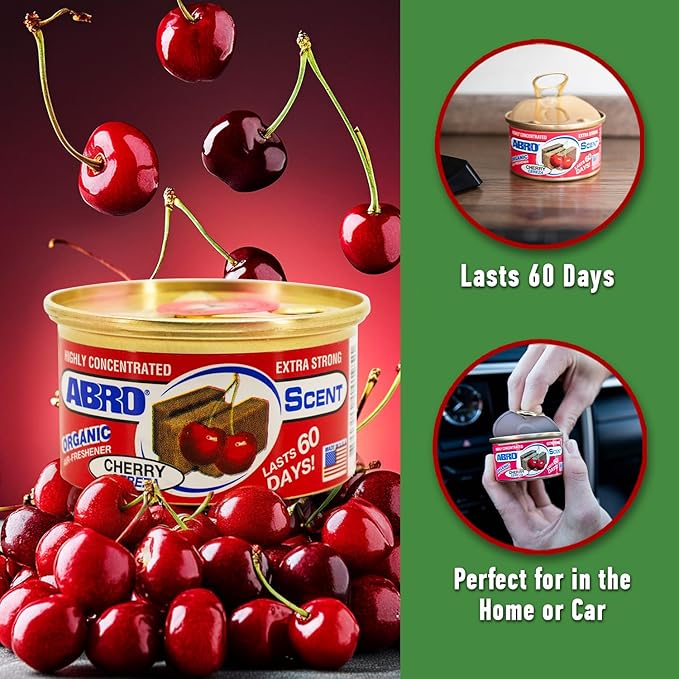 ABRO Scent 12-Pack Organic Air Freshener Can Cherry Scent 3 Spill Proof Blocks per Can Ideal for Car Scents New Car Smell Lasts Up to 60 Days Use in Home Bathroom Car or Office
