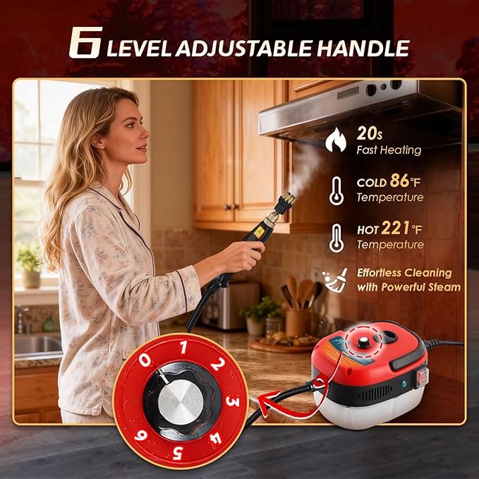 2500W Handheld Steam Cleaner Pressurized Steam Cleaning Machine with 3 Brush Heads 20s Heat Up 1L Tank Multipurpose Mini Portable Steamer for Tile Grout Furniture Kitchen Car Home