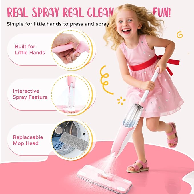 Kids Cleaning Toy SetPink Mini Spray Mop Montessori Toys Pretend Play Cleaning Tool for Toddlers with Spray Mop &amp Kids Broom Dustpan Set Cleaning Toys Gift for Toddlers Girls Boys Age 3+