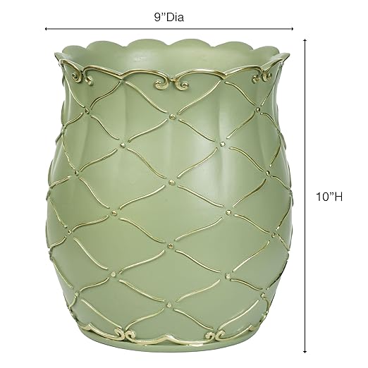 Touch of Class Angelitta Green Decorative Wastebasket | Handpainted Resin Trash Can with Gold Accents Diamond Lattice &amp Scroll Motifs | Elegant Classic Home Decor Accent | 9 Dia. x 10 H