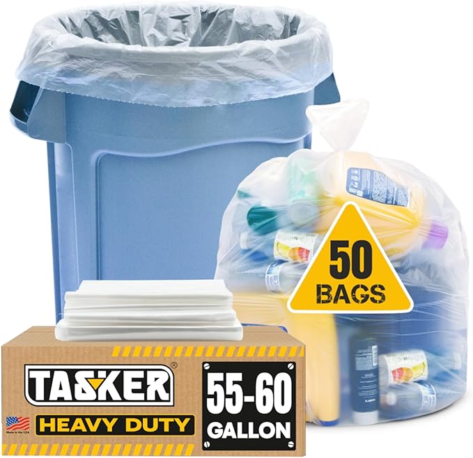 55 Gallon Clear Trash Bags (50 Bags w/Ties) Large Clear Plastic Recycling Garbage Bags