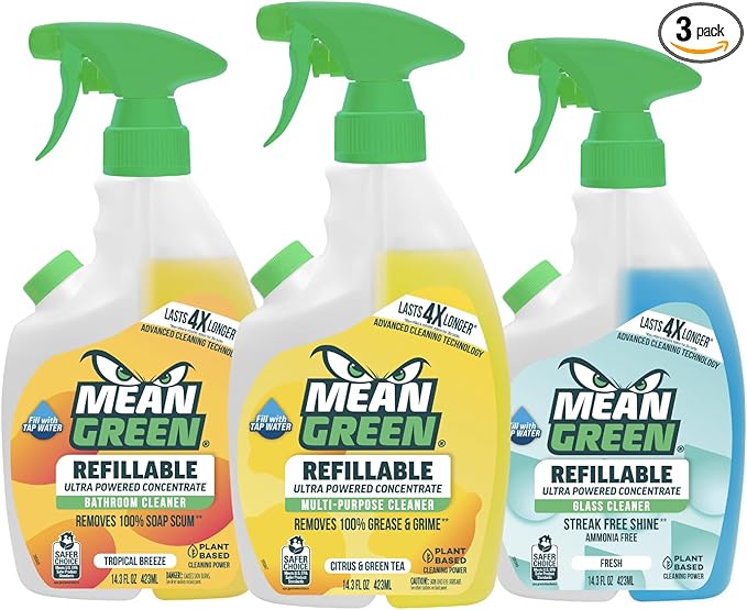 Mean Green Ultra Powered Refillable Cleaner Concentrate Variety 3 Pack – Multi-Purpose Citrus &amp Green Tea Bathroom Tropical Breeze Glass Fresh – 14.3 fl oz Each