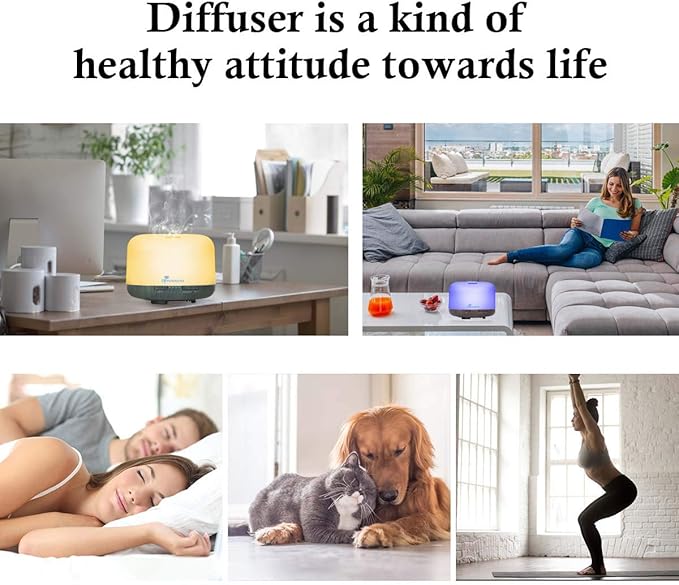 Diffuserlove Essential Oil Diffuser 500ML Aromatherapy Diffuser Mist Humidifiers 7 Color LED Lights Diffusers for Home Office Bedroom (Size:6.7 L x 6.7 W x 4.7 H)