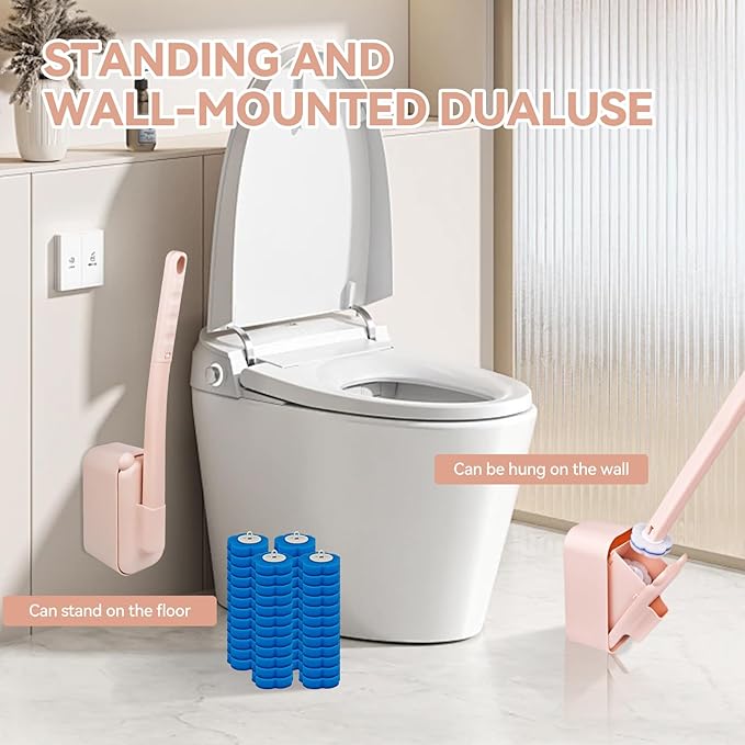 Disposable Toilet Brush Toilet Bowl CleanerToilet Cleaning SuppliesToilet Bowl BrushToilet Cleaner BrushToilet Brush with Holder48 Refills for Cleaning and Hygienic Bathroom Maintenance (Pink)