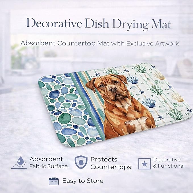 Caroline's Treasures Mahogany Dogue de Bordeaux Coastal Sea Glass Dish Drying Mat Absorbent Dish Drying Mat Pad for Kitchen Counter Dish Drainer Mat for Countertop 14 x 21 Multicolor