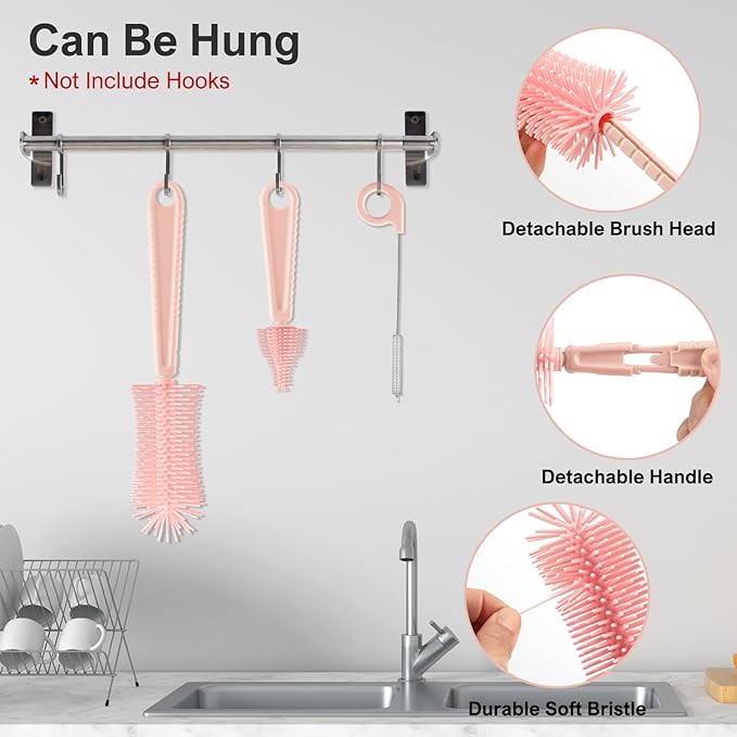 Baby Bottle Brush Set-6 in 1 Bottle Brush Cleaner with Silicone Bottle BrushDrying RackNipple BrushStraw BrushSoap Dispenser&ampStorage Box-Baby Essentials Gifts for Home&ampTravel(Pink)