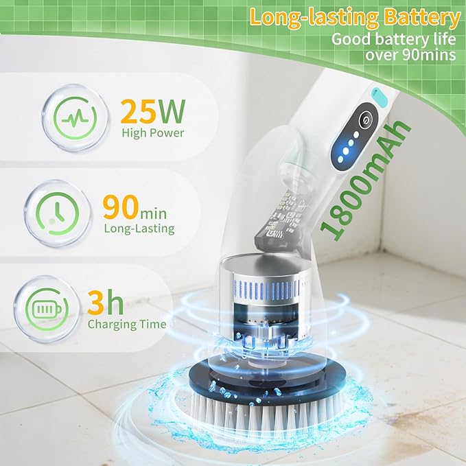 Electric Spin Scrubber - Household Cleaning Brush with 8 Heads 51.2in Extendable Pole Bathroom Scrubber for Stubborn Grease on Grill Stovetop &amp Bathtub 90Min Runtime - Type B