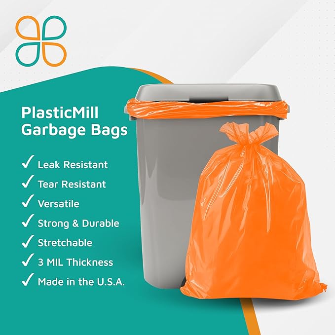PlasticMill Heavy Duty Trash Bags - Orange Garbage Bags - Plastic Trash Bags - Tall Trash Bags Trash Can Liners - 50-60 Gallon Large Kitchen Trash Bags 3 Mil 38x58 (50-Count)