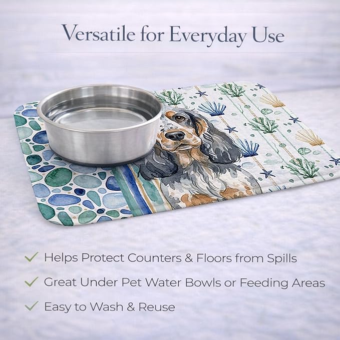 Caroline's Treasures Blue Roan &amp Tan English Cocker Spaniel Coastal Sea Glass Dish Drying Mat Absorbent Dish Drying Mat Pad for Kitchen Counter Dish Drainer Mat for Countertop 14 x 21 Multicolo