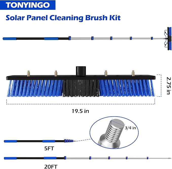 26Ft Reach Solar Panel Cleaning Brush Kit with 5-20ft Telescoping Pole - Telescopic Extension Pole with Dual Action Flip-Lock &amp Screw Fixing Design Ideal for Snow Removal Windows Boats RVs De