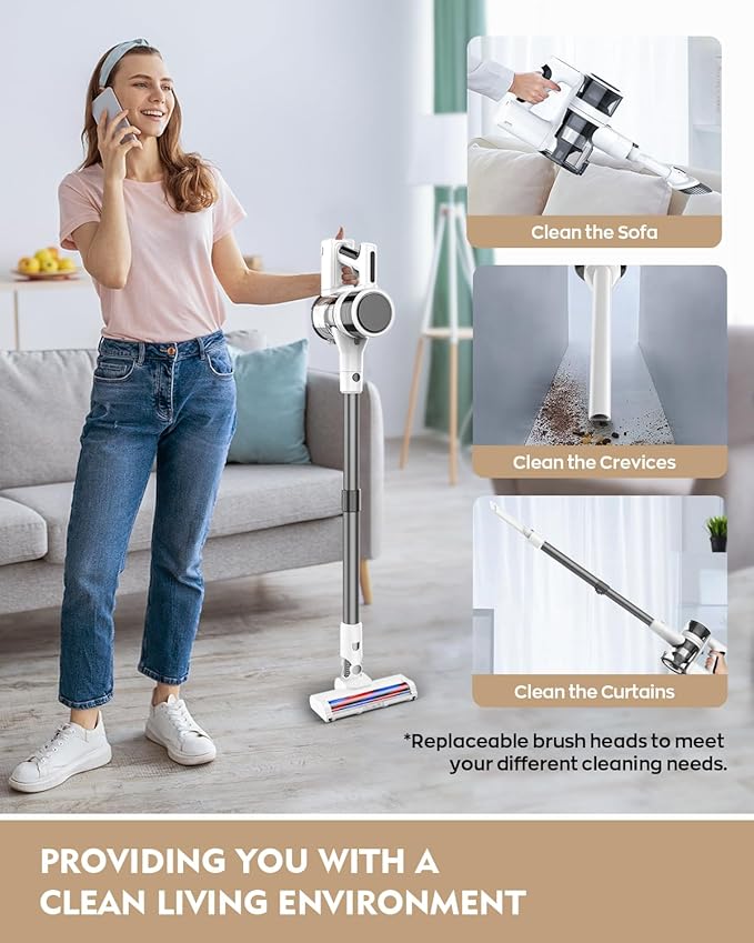 Cordless Vacuums 80000PRM Powerful Motor Vacuum Cleaner and 2200mAH Rechargeable Battery up to 35 Mins Worktime 2 Adjustable Modes Detachable Parts Wireless Stick Vacuum (Onion White)