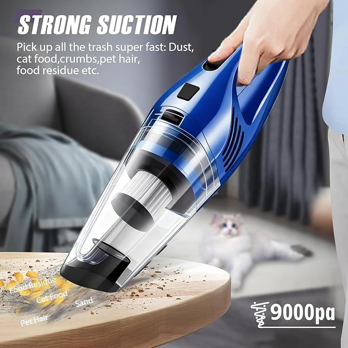 Car Vacuum Portable Cordless – 9000PA Strong Suction Lightweight &amp Rechargeable – Includes Multi-Nozzle Attachments for Car Home Office and Pet Hair – Compact &amp Powerful Azure Vacuum