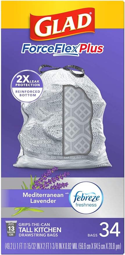 Glad Trash Bags ForceFlexPlus Tall Garbage Drawstring Garbage Bags - 13 Gallon Grey Trash Bag Lavender with Febreze Freshness 34 Count (Package May Vary)