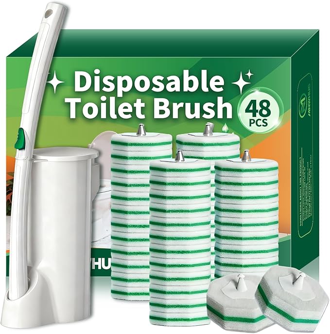 Disposable Toilet Brush Toilet Bowl Cleaning System with 48 Count Wand Refill Clean Brush Starter Kit with 1 Toilet Wand 1 Storage Caddy and 1 wall Sticker (White)