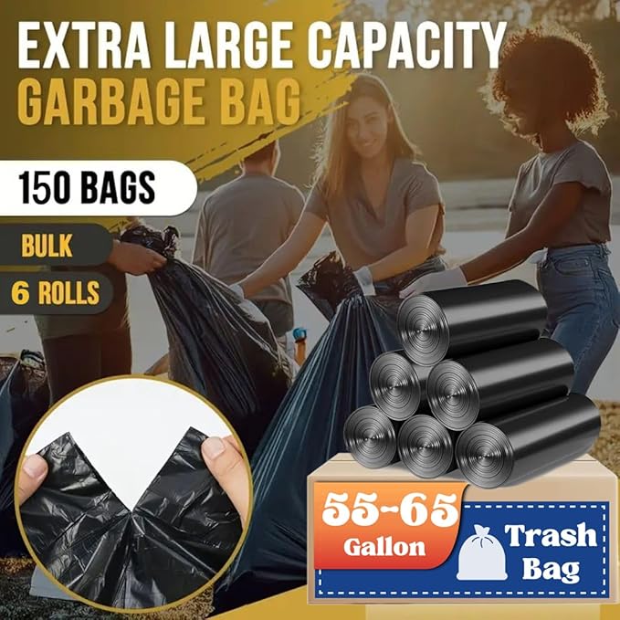 50 55 60 Gallon Trash Bags 150 Count High Density Garbage Bags Recycling Trash Can Liners Sturdy &amp Tear-Resistant Large Black Bag for Kitchen Yard Outdoor Commercial Use Lawn Leaf Waste Bags