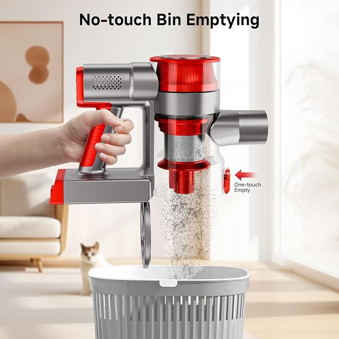Cordless Vacuum Cleaner Powerful Stick Vacuum Cleaner for Home with Rechargeable Battery 6-in-1 Lightweight Handheld Vacuum 45 Mins Runtime for Hardfloor &amp Carpets Pet Hair (red)