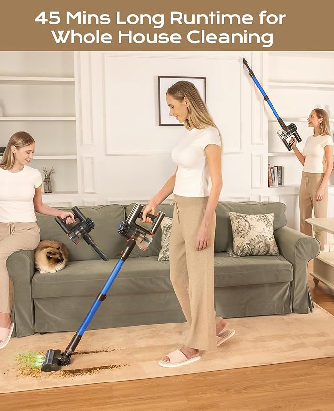 Cordless Vacuum + Adapter 45Mins Powerful Vacuum Cleaners for Home Lightweight Stick Vacuum Cordless