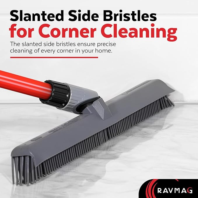 2-in-1 Silicone Rubber Broom Carpet Rake and Squeegee - Swivel Pet Hair Removal Broom with 1 Piece Long Handle - Slanted Side Bristles for Corners - Multipurpose Broom for Carpet Hardwood Floor Tile