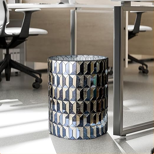 Escenzy Modern Bathroom Trash Can Mosaic Glass 6L | Decorative Small Garbage Can | 8 x 10 | Luxury Waste Basket for Restroom Office Bedroom &amp Kitchen | Shiny Black and Gold Bathroom Accessorie