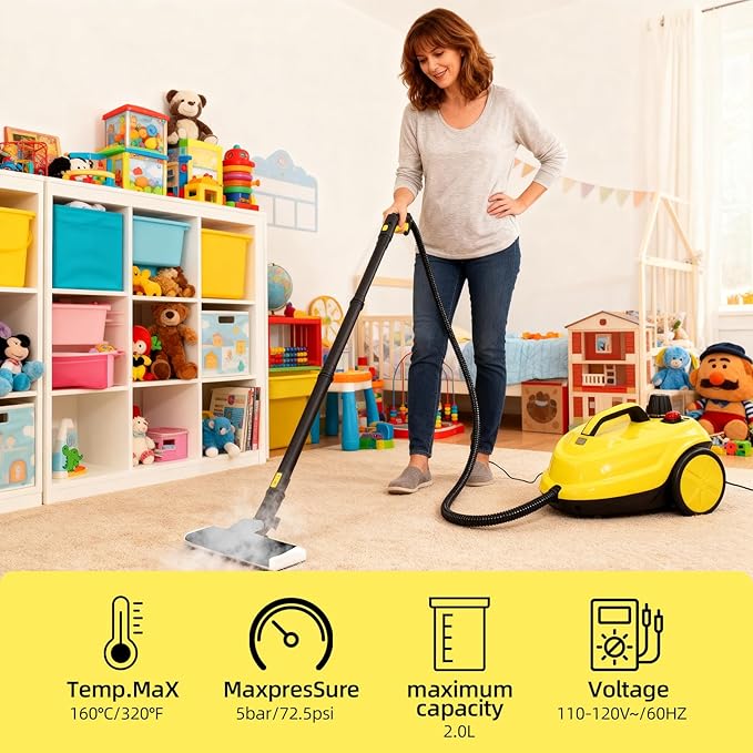 Rolling Steam Cleaner for Floors &amp Cars 1800W Portable Steam Cleaner with 2.0L Tank &amp 5m CordMulti-Scenario Cleaner for Home Car Kitchen Bathroom Tile Grout Carpet