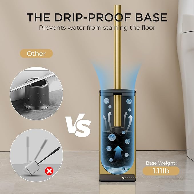 FORIOUS Toilet Brush and Holder Set Heavy Duty 304 Stainless Steel Base Square and Long Handle for Bathroom Deep Cleaning Drip-Proof Space Saving for Storage 2 Toilet Bowl Brush Head Dark Gold