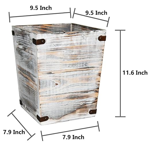 Owlgift Decorative Rustic Whitewashed Wood Trash Can Farmhouse Stylish Wooden Waste Basket Near Desk Square Garbage Cans Trashcan with Metal Brackets for Office Bedroom &amp Bathroom