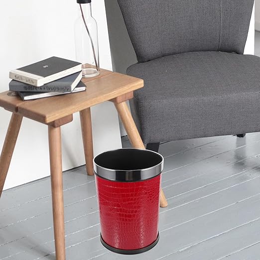 Trash Can with 12L Capacity Red Embossed Pattern Garbage Bin with Stainless Steel Ring Single-Layer Rubbish Bin for Hotel Rooms Bedrooms and Office Wastebasket