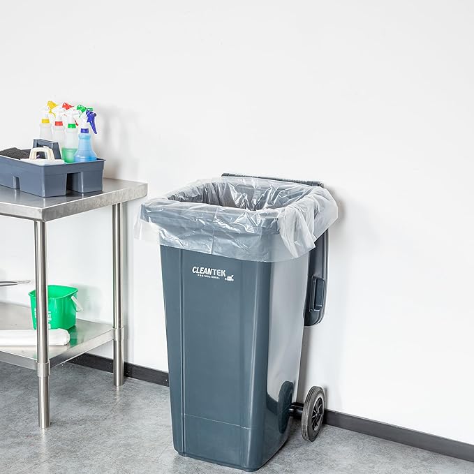 Restaurantware-RW Clean 45 Gallon Trash Bags 100 Heavy-Duty Garbage Can Liners- Fits 40-45 Gallon Trash Cans Stretchable Clear Plastic Bin liners with Star Seal Bottom