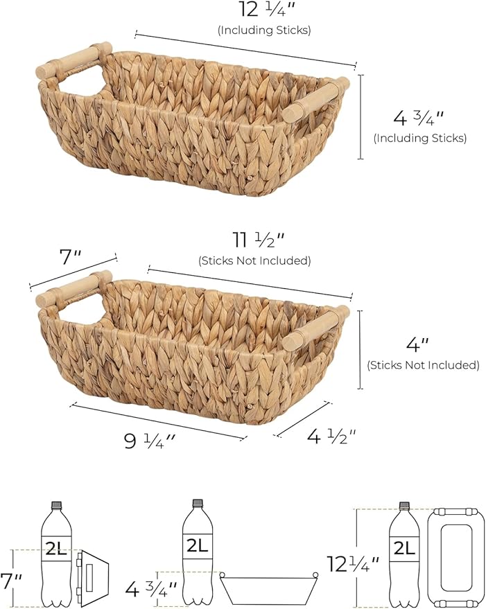 StorageWorks Hand-Woven Small Wicker Baskets Water Hyacinth Storage Baskets with Wooden Handles 2-Pack