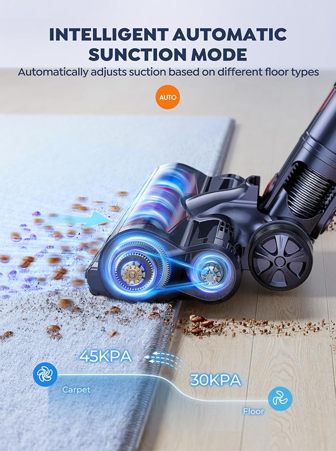 Cordless Vacuum Cleaner 2 Batteries 110 Mins Runtime Vacuum Cleaners for Home 45KPA 550W Stick Vacuum with Brushless Motor Automatically Adjust Suction Handheld Vacuum for Pet Hair/Carpet/Floor