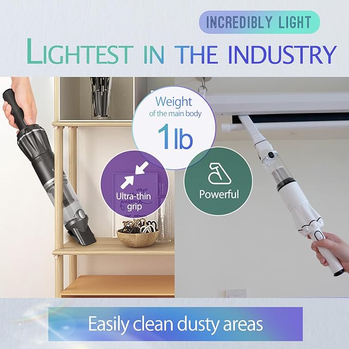 Handheld Vacuum Cordless 25000PA Super Lightweight 1lb with Powerful Suction Charging Dock Car Charger Single Touch Empty and Detachable Dust Cup Portable Mini Car Vac White