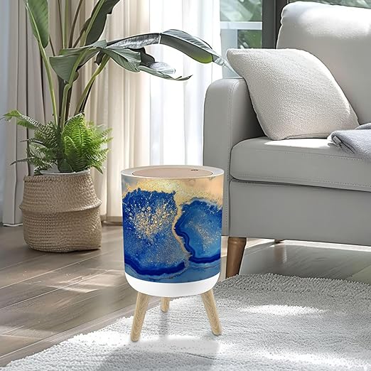 Small Trash Can with Lid Navy Blue Gold Abstract Marble 1.8 Gallon/7L Garbage Can Waste Bin with Press Top Lid Legs Waste Basket for Bathroom Kitchen Bedroom